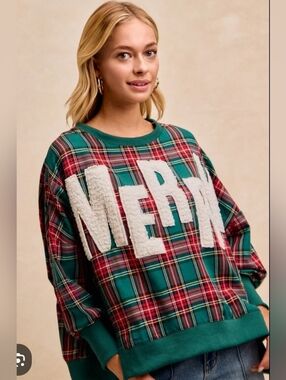 BiBi Green & Red Plaid "MERRY" Crewneck Sweatshirt